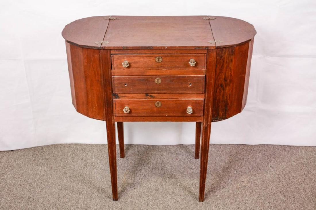 Martha Washington Style Inlaid Sewing Cabinet: 28.5h x 29.25w x 14d inches. Missing 1 knob. Some wear. #VintageFurniture #AntiqueFurniture #MarthaWashington #VintageSewing