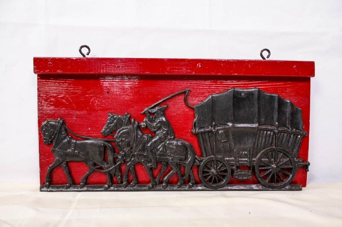 Wood Sign with Cast Iron Wagon & Horses: 11.5h x 24w x 1.5d inches. #Horses #CastIron