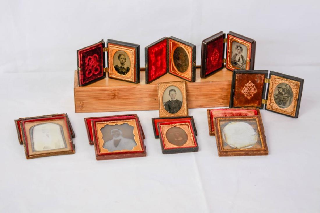 Daguerreotype, Ambrotype & Tintype Photos in Cases (9): 1 marked C.G. Peterson Photographic Artist. 2.5 - 3.5 inches. Worn condition. #Daguerreotype #VintagePhoto #Ambrotype #Tintype