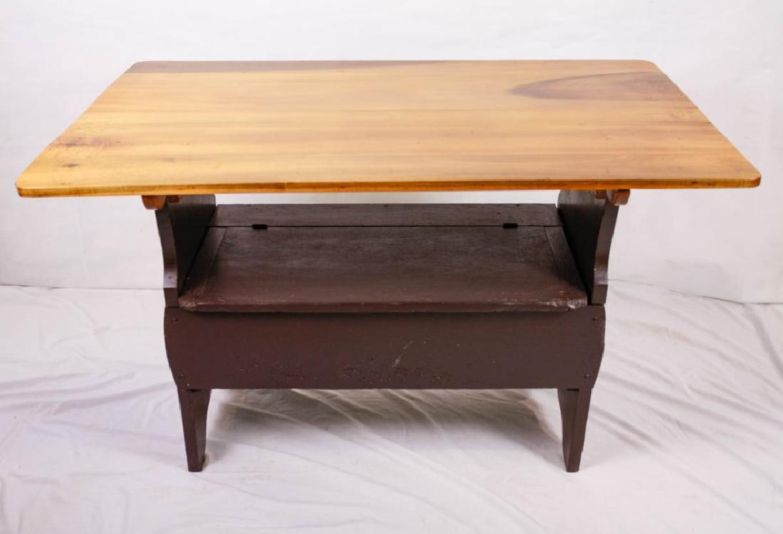 Farmhouse Trestle Tilt Top Table Bench: Storage bench with table top, missing bottom. 30h x 48w x 29.5d inches. #VintageFurniture #Farmhouse