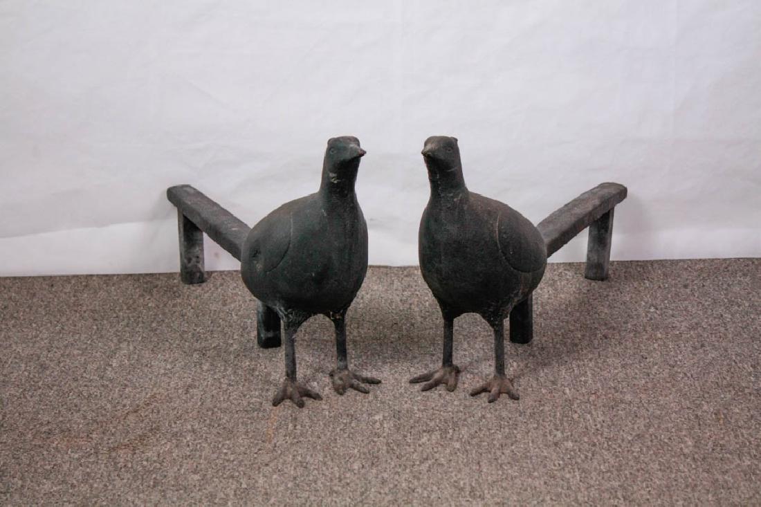 Pair of Cast Iron Pheasant Andirons: Unmarked. Approx. 55 pounds each. 13.5h x 5w x 27d inches. Good, but slightly worn condition. #Andirons #Pheasant #CastIron #American