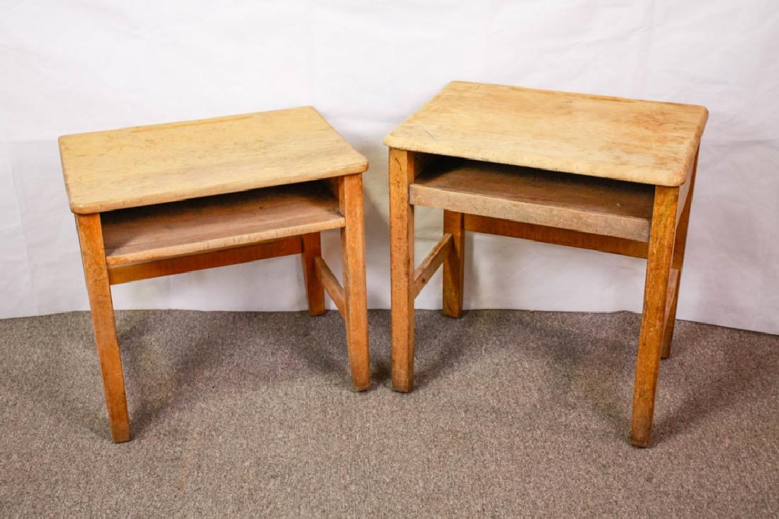 Matched Pair Maple School Desks: 25h x 23.5w x 18d inches & 22h x 23.5w x 18d inches. Worn condition. #VintageFurniture #AntiqueFurniture #SchoolDesk