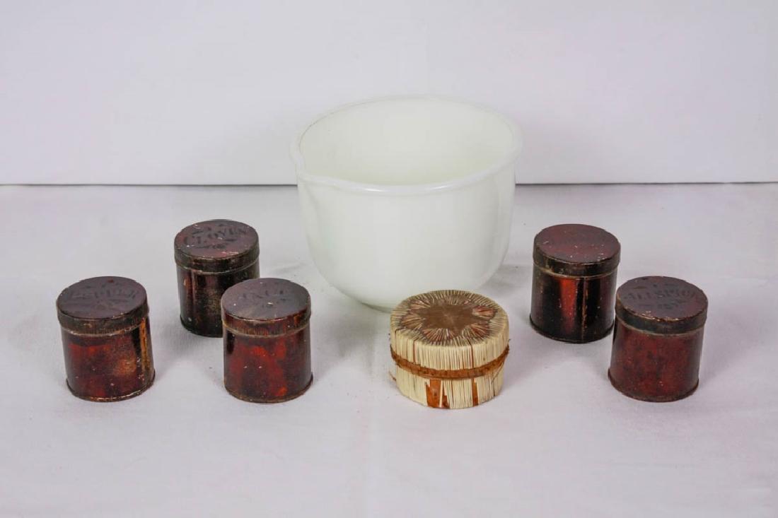 Vintage Spice Jars with Mixing Bowl: 7 pieces total including vintage spice jars, 2 - 2.5h inches & Fire King for Sunbeam mixing bowl, 5h x 7w inches. Wooden box with porcupine quills. #FireKing #VintageKitchenware #Baking