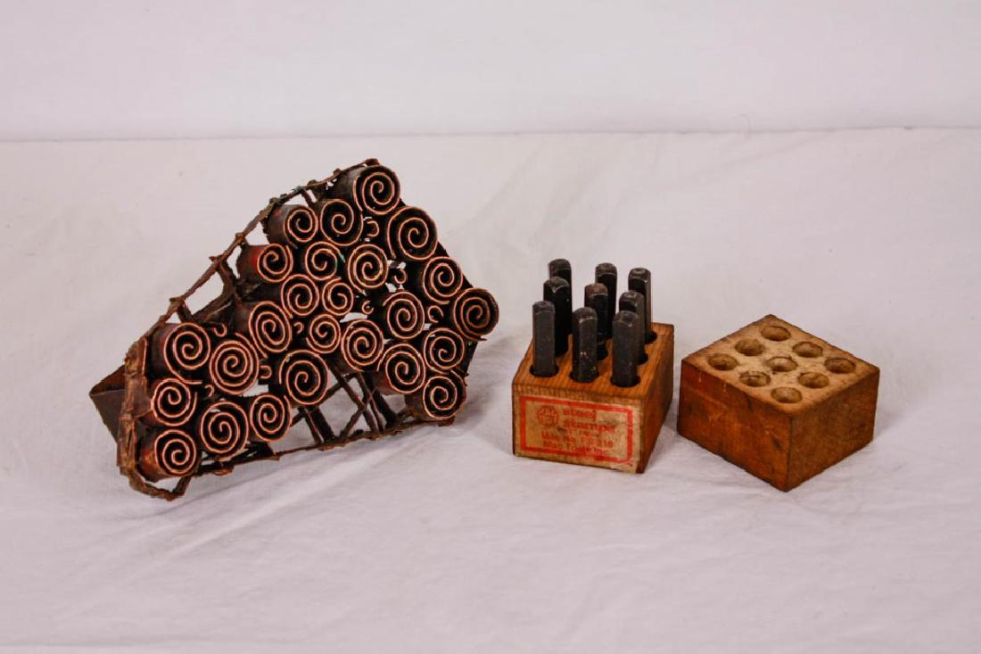 Vintage Textile Stamp & Mac Tools Steel Stamps: Copper stamp 4.5h x 6.25x w 3d inches. Stamp box 2.75h x 2w x 2.25d inches.#Copper #TextileStamp #MetalStamps