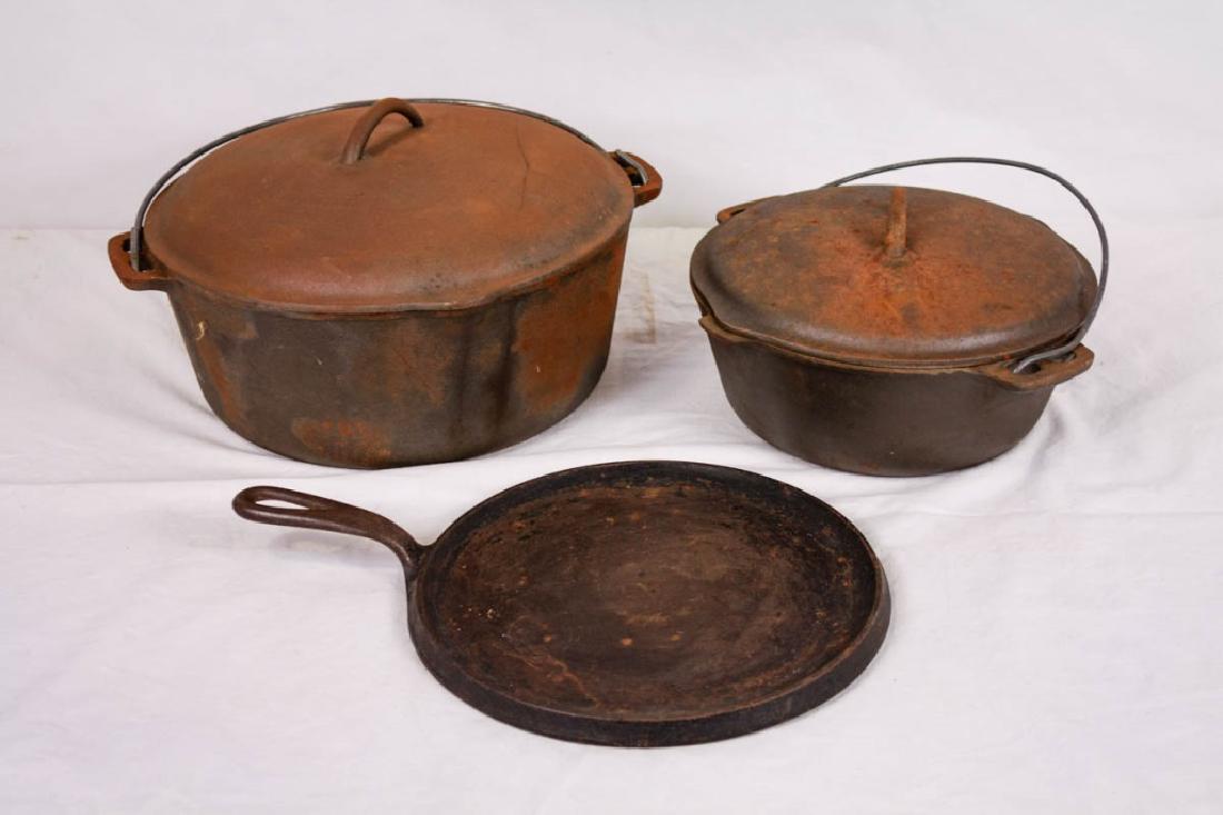 Cast Iron Cooking Pots & Griddle: Including 2 Pots (Made in USA) 7.5h x 14d & 4h x 10.25d inches and Griddle (Wagner Ware, Sidney). #CastIron #VintageKitchen #Kitchenware