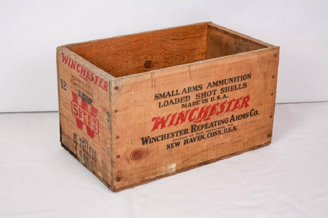 Winchester Repeating Arms Co. Wood Crate: Small Arms Ammunition Loaded Shot Shells, Made in USA. New Haven, Connecticut. 8.75h x 15.5w x 9.25d inches. #NewHaven #WoodCrate #VintageWood