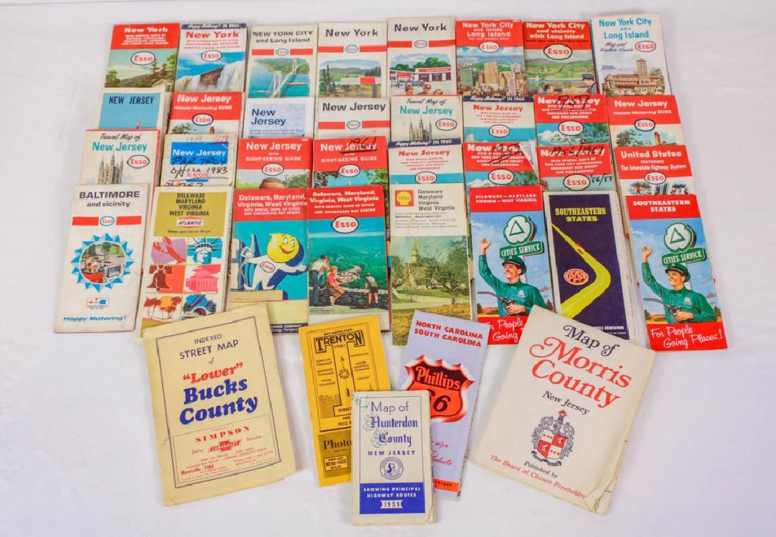 Vintage Road Maps 1960s-1980s: 37 pieces total including New York, New Jersey, Baltimore, Delaware - Maryland - Virginia - West Virginia, North Carolina & South Carolina, Lower Bucks County, Hunterdon County, Morris County and Tren