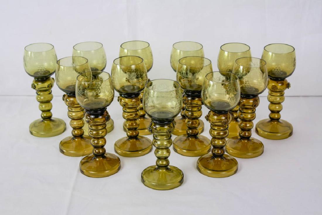 German Etched Dessert Wine Glasses (13): 7h inches. Good condition. #EtchedGlass #VintageGlass