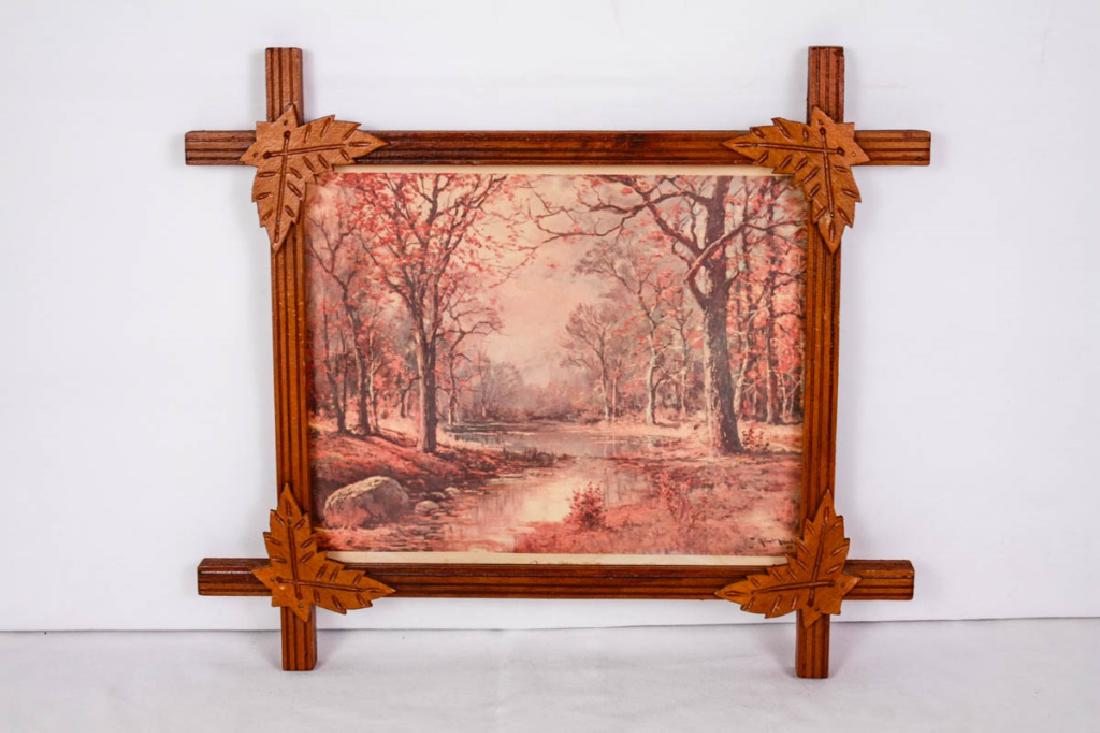Antique Black Forest Framed Litho: Black Forest style frame with later print. Signed and dated 56 in print. 15h x 17w inches. #BlackForest #AntiqueWood