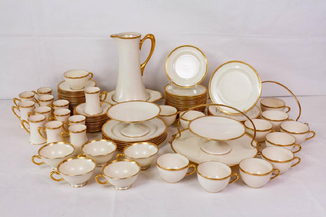 Lenox Etched Gilt Trimmed Dinnerware Service: 96 pieces including 12 teacups with older Lenox marks, 15 saucers with older Lenox marks, 5 flared teacups with newer Lenox marks, 5 saucers with newer Lenox marks, 12 cocoa cups (3.25h inches), 11 co