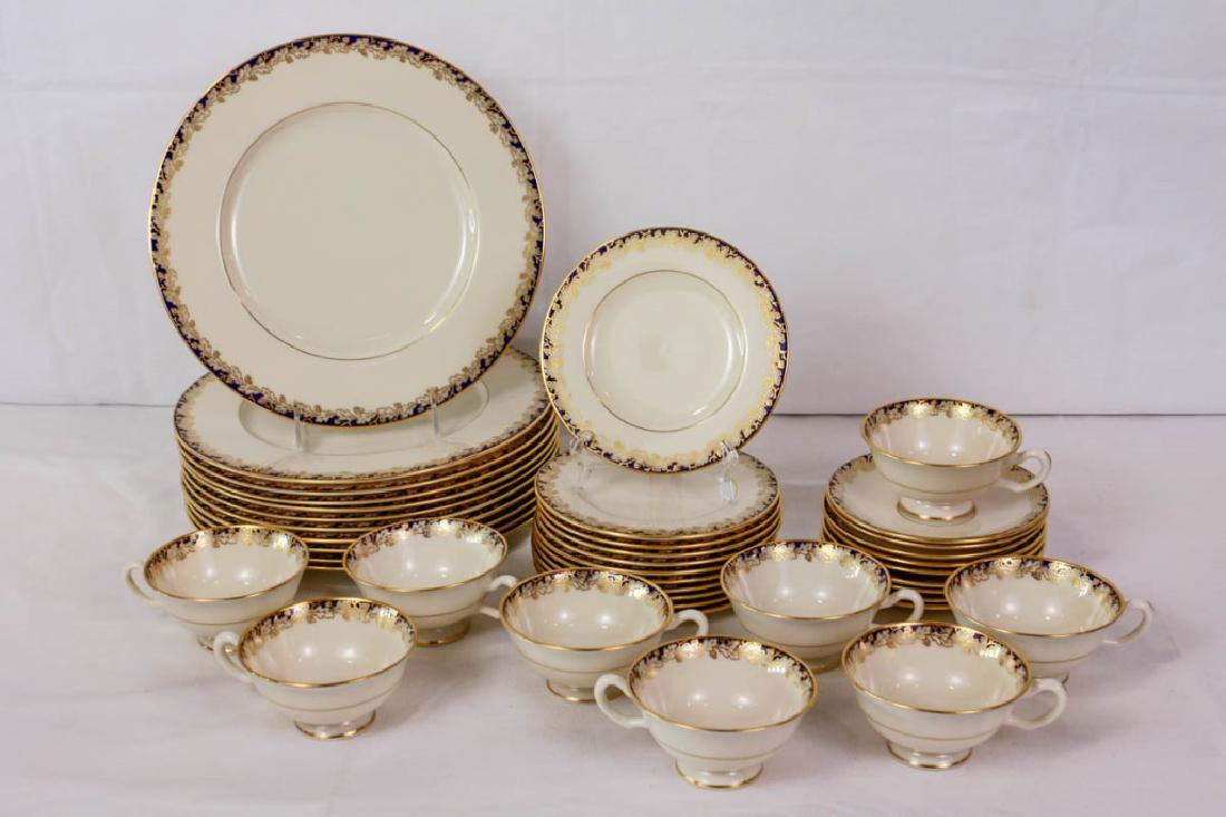 Lenox Oakleaf Cobalt Partial Dinner Service: Including 11 dinner plates (10.5"), 11 dessert/bread (6.25"), 9 saucers & 9 tea cups. Marked Lenox, Made in USA, Oakleaf. #Lenox #VintageLenox #LenoxOakleaf