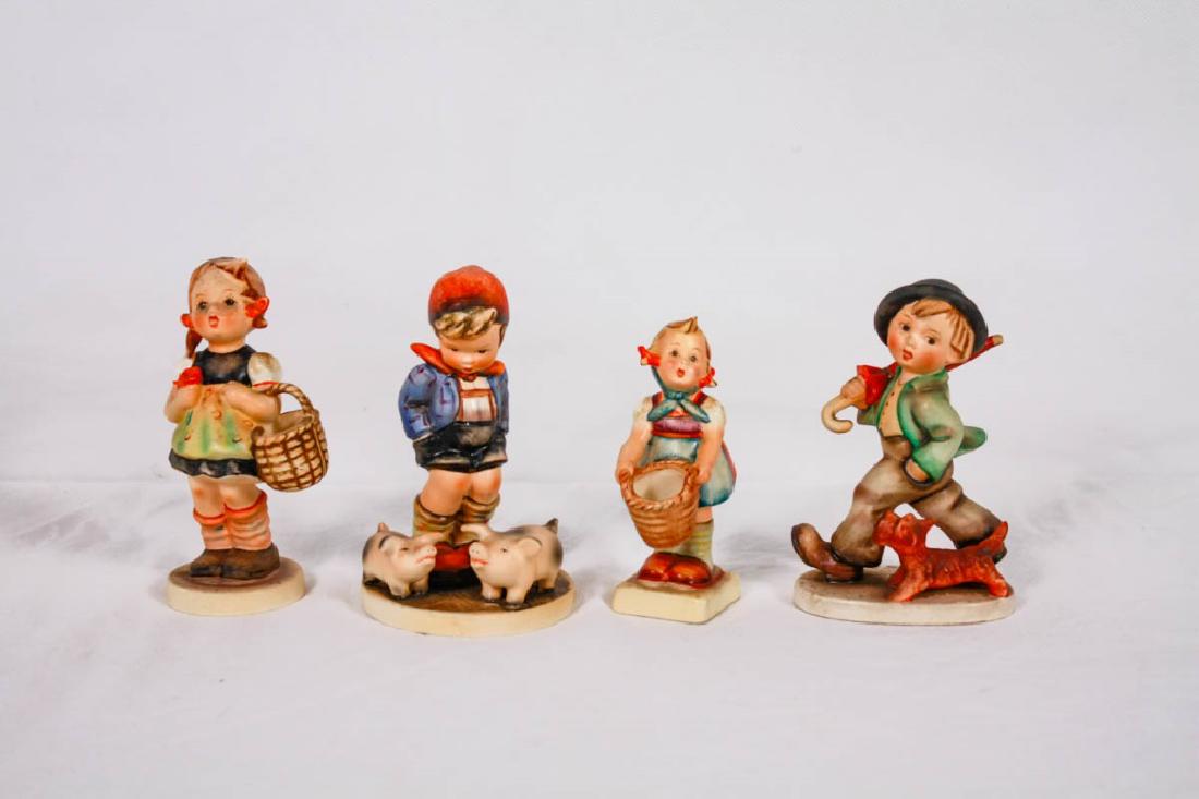 4 Goebel Hummel Figurines: All marked. Including Farm Boy, Sister, Strolling Along (boy with umbrella & dog), Little Helper (girl with basket). 4.5h - 5h inches. #Hummel #Goebel