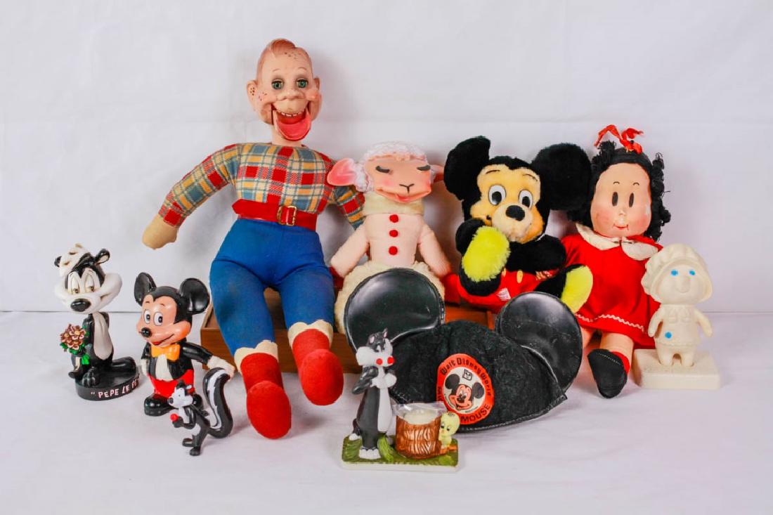 Collection of Classic Characters: 11 pieces including Howdy Doody, Lamb Chop, Little Lulu, Mickey Mouse bank, Mickey Mouse plush, Mickey ears, Pillsbury Dough Girl - "Poppie Fresh", Pepe Le Pew bobble head, Pepe Le Pew figure and Sylv
