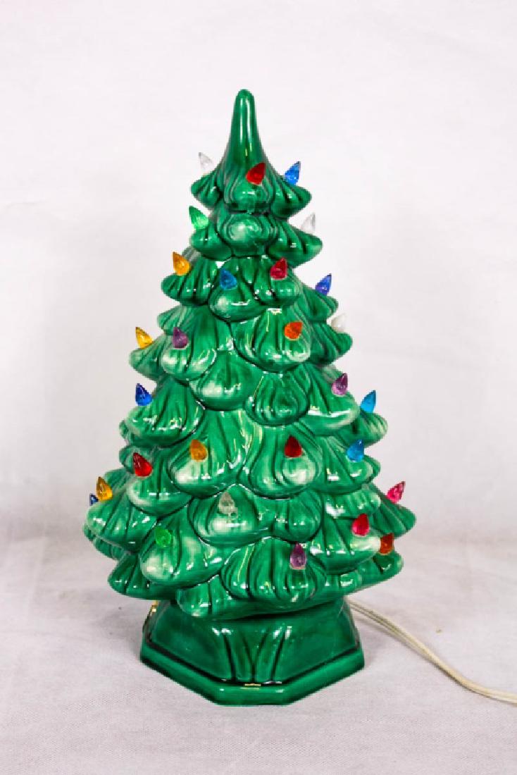 Vintage Ceramic Light Up Christmas Tree: Marked Xmas 1976, Merry 1976 Xmas, Love Georgie. 11.5h inches. Some lights are glued back in, one light missing. Working condition - needs new bulb. #VintageChristmas #ChristmasTree
