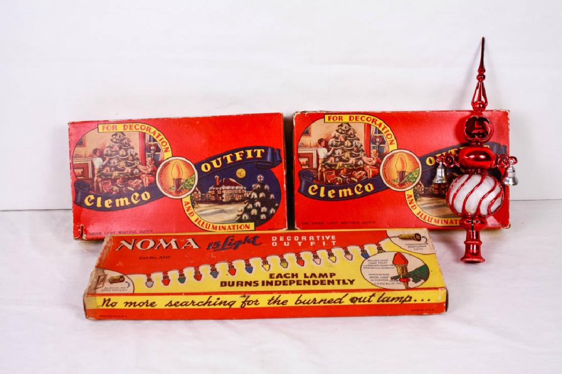 Vintage Christmas Lights & Tree Topper: Including Noma light set ,(2) ClemCo light sets and Bradford tree topper (13.5h inches). Some lights missing. Wear to boxes. #ClemCo #BradfordTree #VintageChristmas