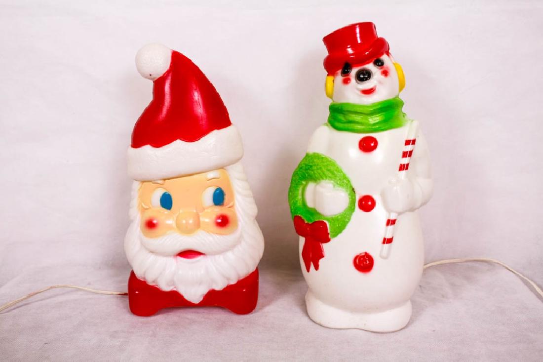 Light Up Vintage Santa & Frosty Decorations: Santa, 12h inches, marked Carolina Enterprises, Empire. Frosty the Snowman, 13h inches, marked Empire Plastic Corp. Both in working condition. Wear to both. #VintageChristmas #FrostytheSnowman #Santa