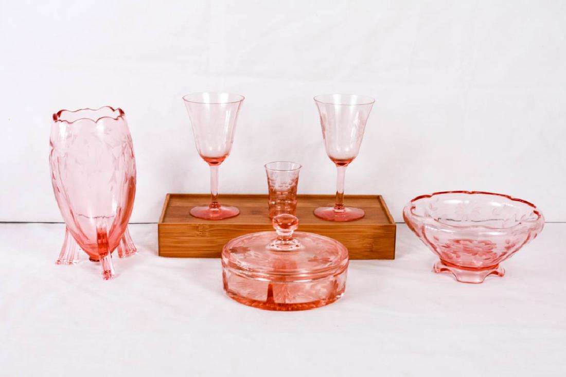 Pink Etched Floral Glass Collection: 6 pieces total including (2) wine glasses (6.75h inches); shot glass (3h inches); covered divided candy dish (4h x 6.25d inches); vase (8.5h inches); decorative bowl (3.75h x 7.5d inches). Chips to wi