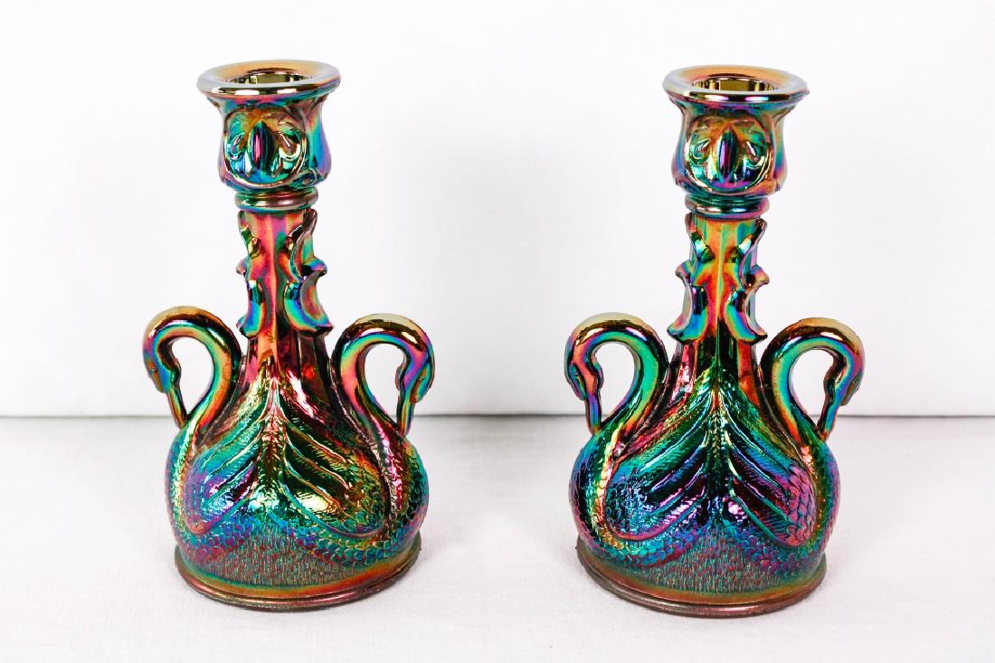 Fenton Tri-Colored Swan Candlesticks: 6.5h inches. Good condition. #Fenton #FentonGlass #VintageGlass