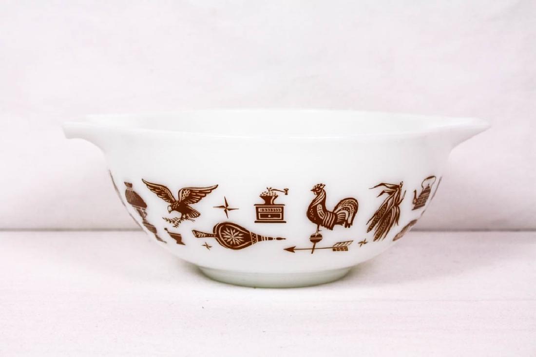 Vintage Pyrex Early American Mixing Bowl: With Cinderella handles. Marked Pyrex 443. 2 1/2 quart. 4h x 10.75d inches with spout and handle. #VintagePyrex #Pyrex #VintageGlass