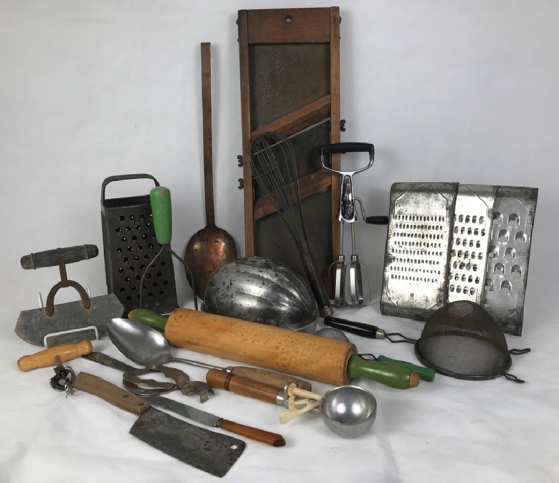 Vintage Kitchen Utensils: Including graters, mandolin, strainers, rolling pin, large copper spoon, small cleaver, mold, ice cream scoop, chopper, etc. #VintageKitchen