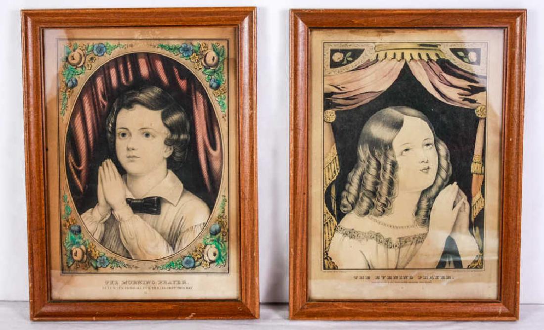 Currier, Nathaniel, The Morning & Evening Prayers: Hand colored vintage prints. Litho and published by N. Currier. 15.5h x 11.5w inches. #CurrierIves #VintagePrint