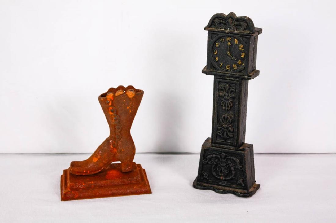 Cast Iron Vintage Toothpick Holder & Bank: Shoe form toothpick holder (5.5h x 4.5w x 3.5d inches) & clock tower bank (9h x 3.5w x 1.5d inches). Wear to both. #CastIron