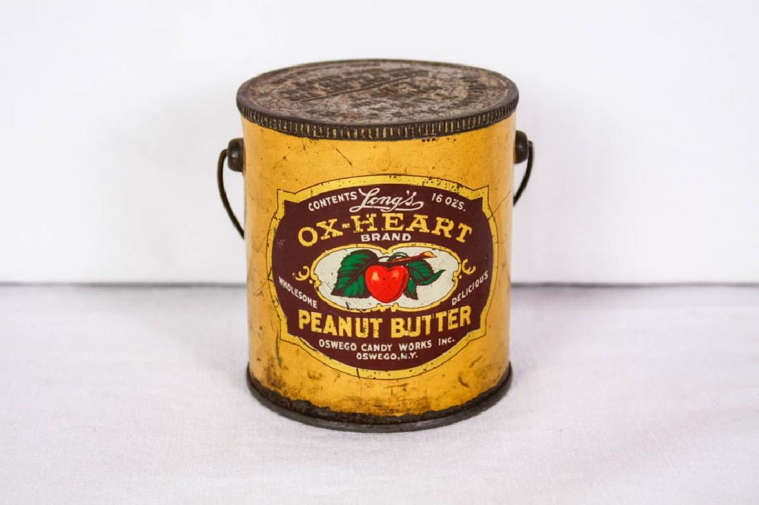 Long's Ox-Heart Peanut Butter Can: Oswego Candy Works, Inc. Oswego, NY. 4h x 3.5w inches. Worn condition. #Oswego #LongsOxHeart #PeanutButter #VintageAdvertising