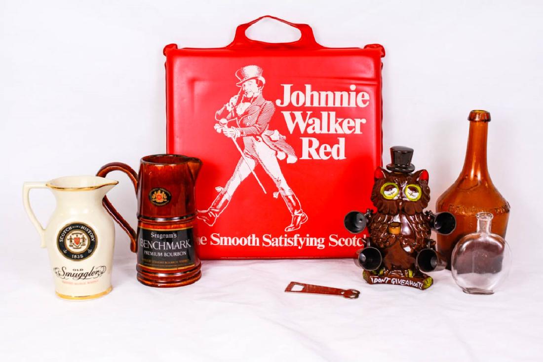 Liquor Memorabilia with Antique Pumpkin Flask: 7 pieces total including Johnnie Walker Red seat cushion (13.5h x 13.5w inches); Benedictine bottle (9.75h inches); Seagram's Benchmark Premium Bourbon pitcher (7.25h inches); Old Smuggler Blended Sco