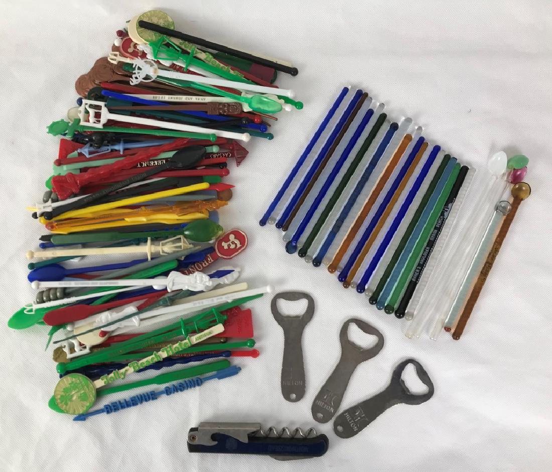 Vintage Advertising Cocktail Stirrers & Bottle Openers: Including plastic and glass stirrers, bottle opener, (3) bottle openers marked "Hilton", (29) glass stirrers and (104) plastic stirrers with advertising imprinted. Includes Atlantic City, NJ; The Chin