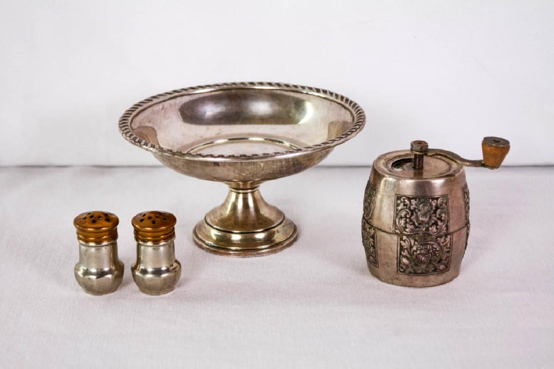 Silver Candy Bowl, Pepper Grinder & Salt & Pepper: Pair of salt & pepper shakers, marked Rogers (1.5h inches); Marlux France pepper grinder (3h inches); Preisner Sterling weighted candy bowl 120 grams (2.75h inches). #Silver