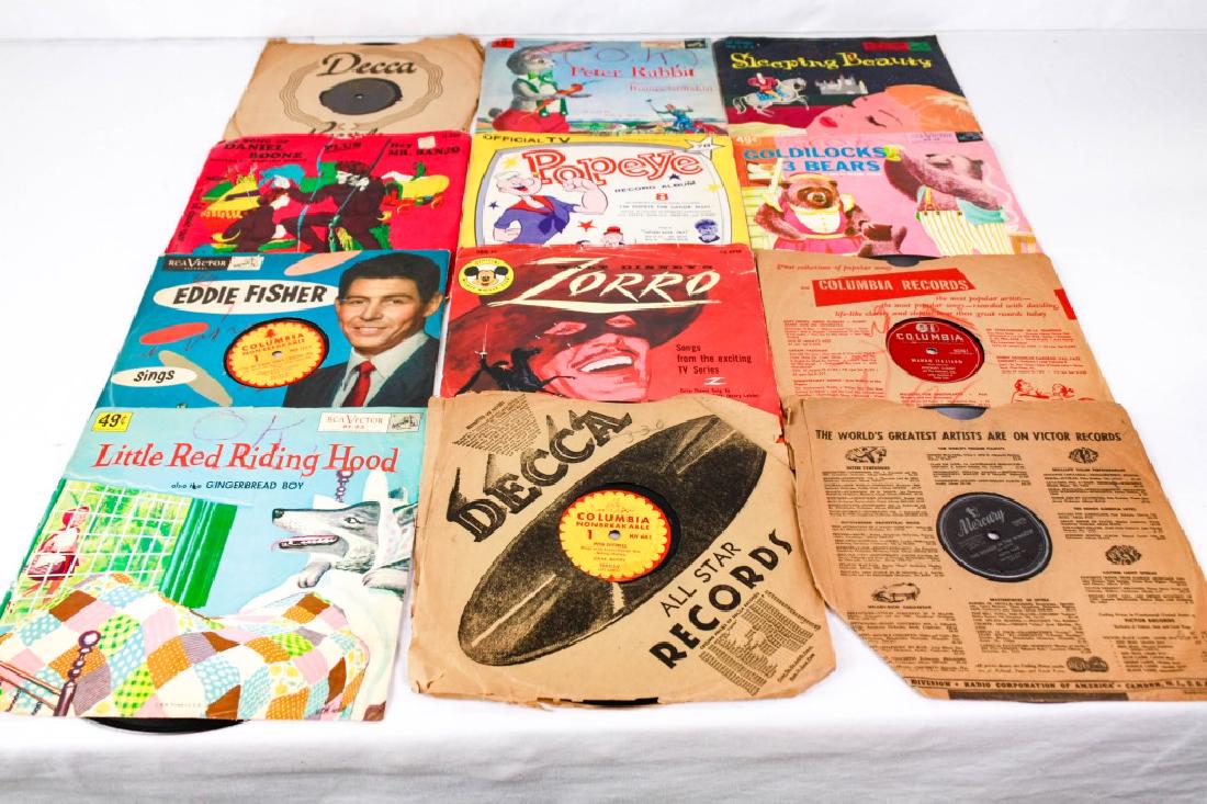 Collection of Children's 78 RPM Records (13): Including Little Red Riding Hood, Peter Cottontail, The Doggie in the Window, Mambo Italiano, Zorro, Little Red Riding Hood's Christmas Tree, The Song of Daniel Boone, (2) Popeye, Goldilocks and the 3