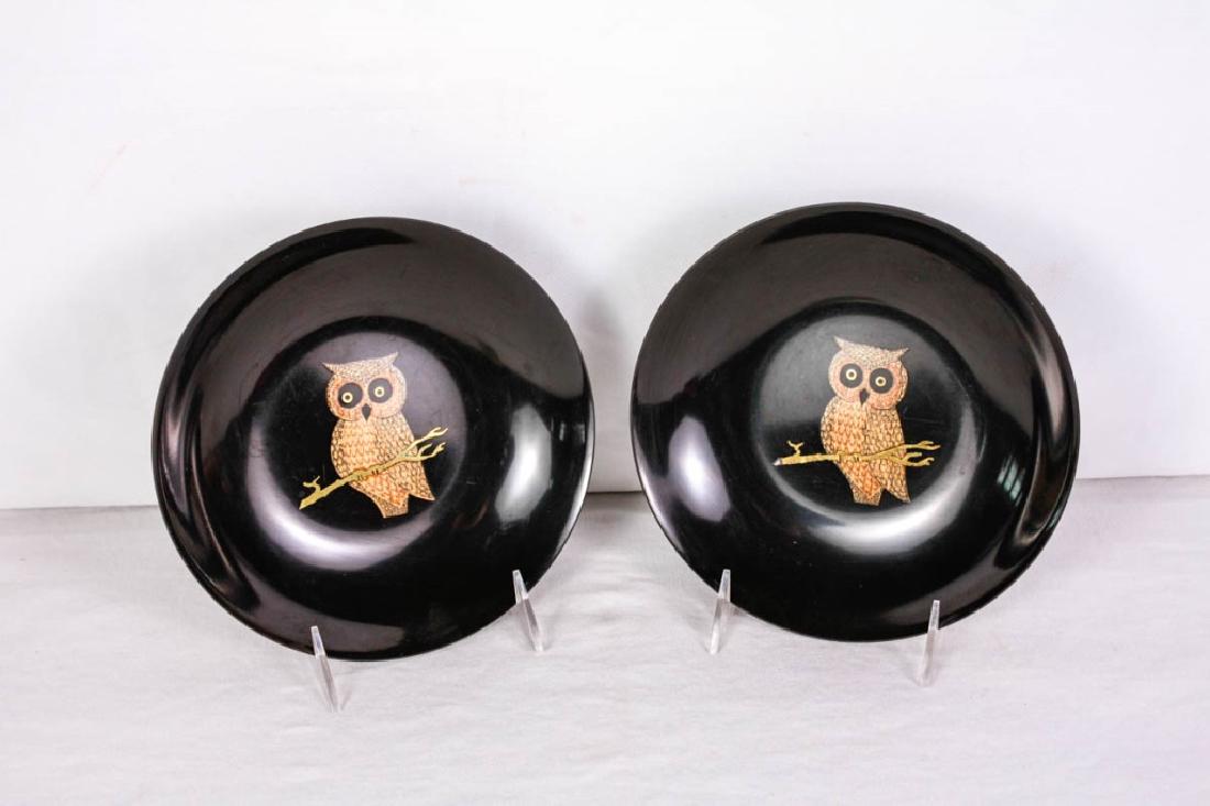 Pair of Couroc Owl Plates: Labeled Couroc, Monterey, California. 7.75d inches. Minor scratches. #Couroc #Monterey #Owl