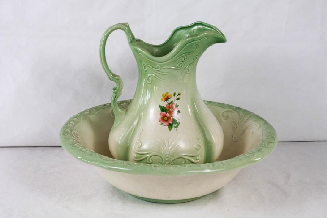 Ironstone England Pitcher & Bowl: Pitcher, 12h inches. Bowl, 16d inches. Both marked Ironstone 1890 England. #Ironstone