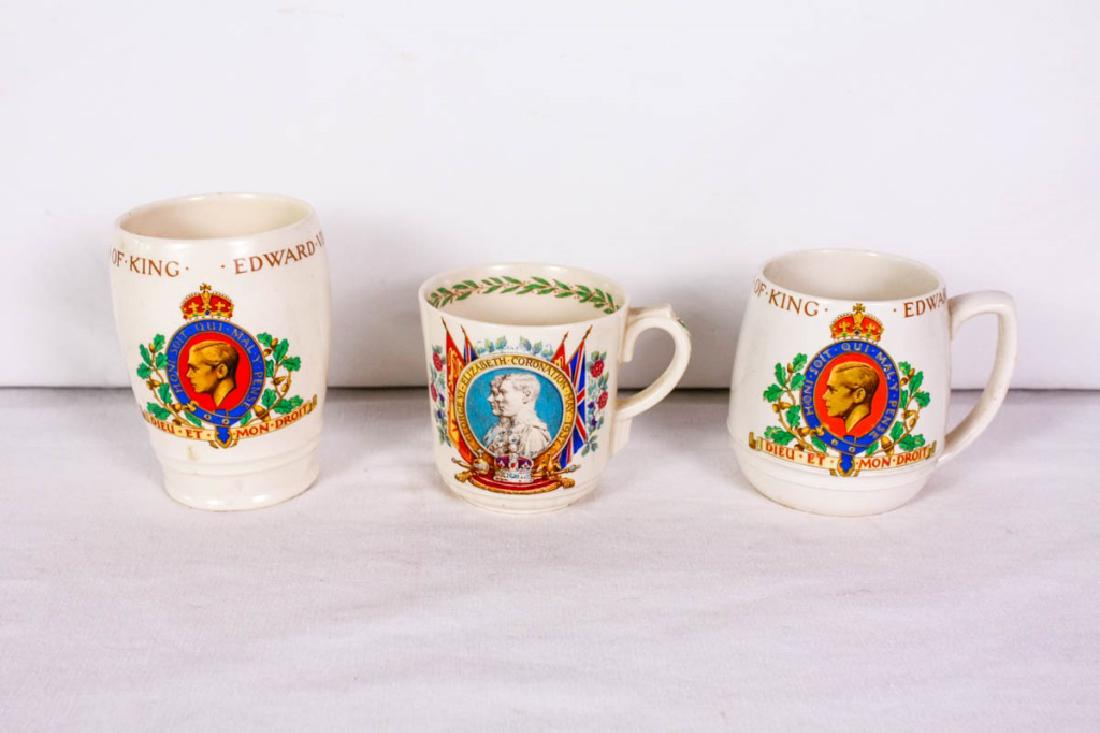 Coronation of King Edward Mugs & Cup: May 1937. 3 pieces total including Copeland Spode mug, 3.5h inches; Satinware Soho Pottery cup, 4.5h inches; Royal Doulton mug, 3.25h inches. #RoyalDoulton #Satinware #Spode #KingEdward