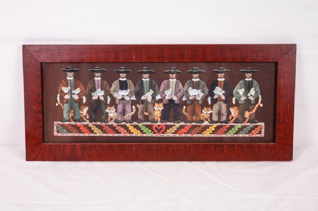 Linda Hale, Men with Fish Scherenschnitte, 1986: Signed Linda Hale 1986. 10h x 23w inches. #Scherenschnitte #Amish