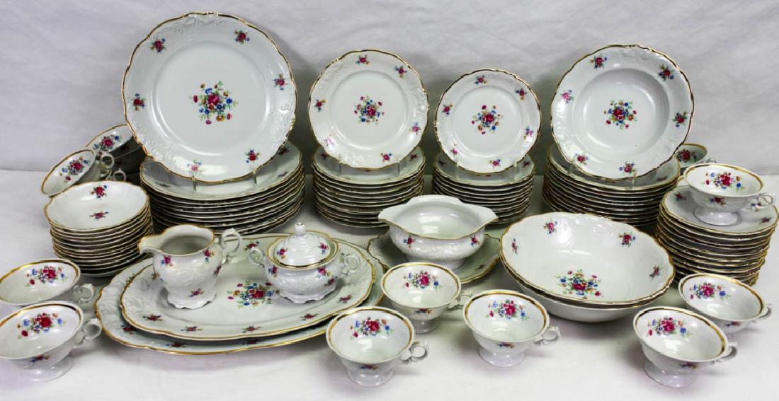 Walbrzych Floral Gilt China Service: Including (11) dinner plates, 10.25d inches; (12) soup bowls, 8d inches; (12) salad plates, 7.5d inches; (12) bread plates, 6.75d inches; (18) cups, 4d inches; (12) saucers, 6d inches; (12) berry bowl