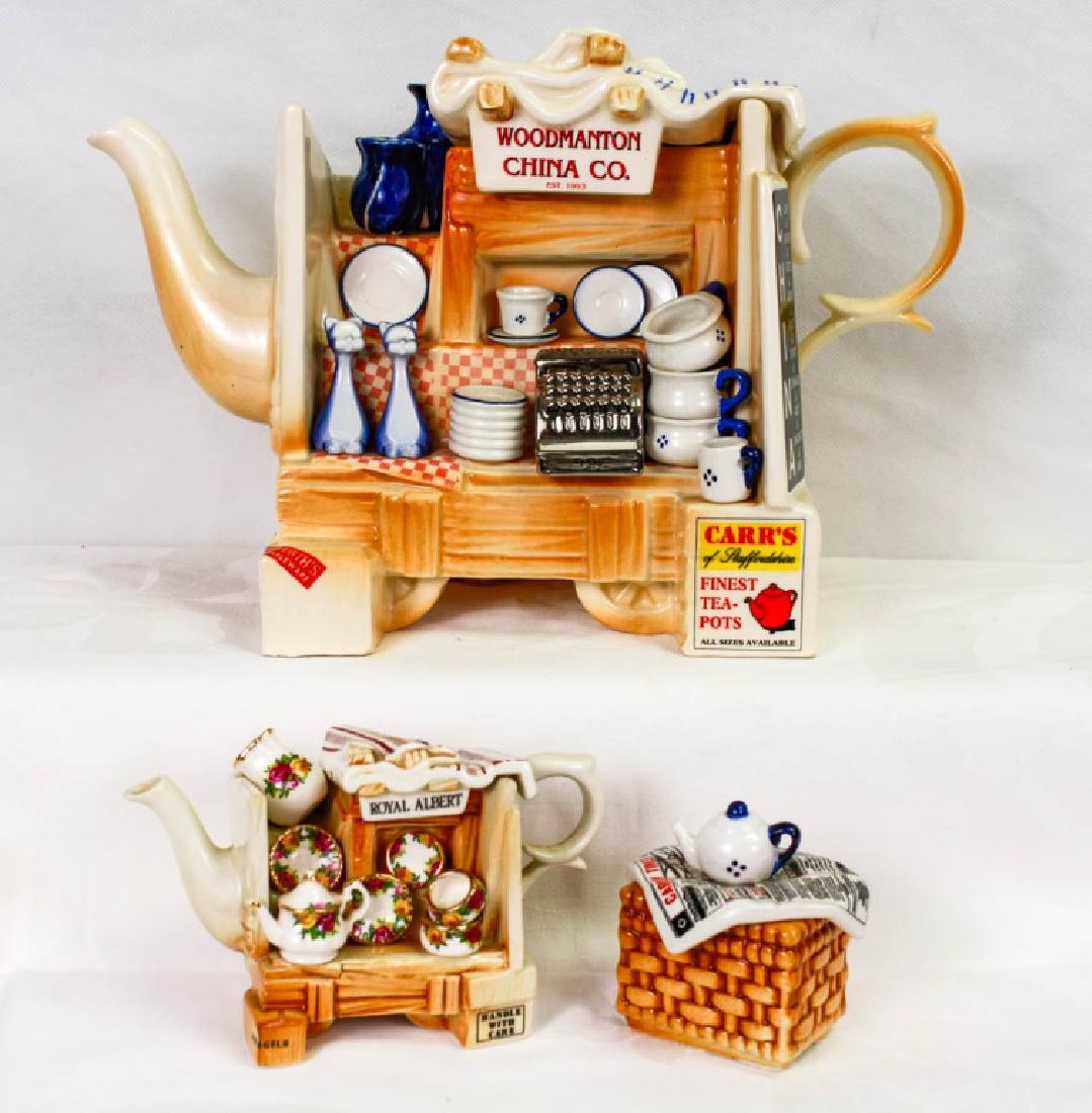 Ceramic Kitchen 3 Pc Tea Set: Including Cardew Designs China Stand Woodmanton China Co. teapot, signed P. Cardew, made in England, 1993 (8.5h x 13w x 6d inches); Royal Albert Old Country Roses creamer, marked Royal Albert Earthenw