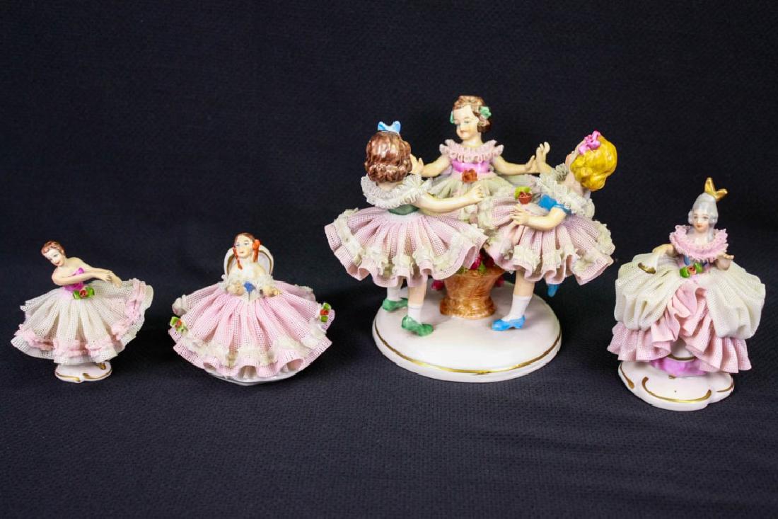 Dresden & MZ Porcelain Figurines (4): Including 3 girl dancing, marked MZ, 5.5h x 6w inches; woman with handkerchief, marked Dresden Art, Made in Germany, 4h inches, small hole to porcelain mesh in back; seated woman, marked Dresden Art,