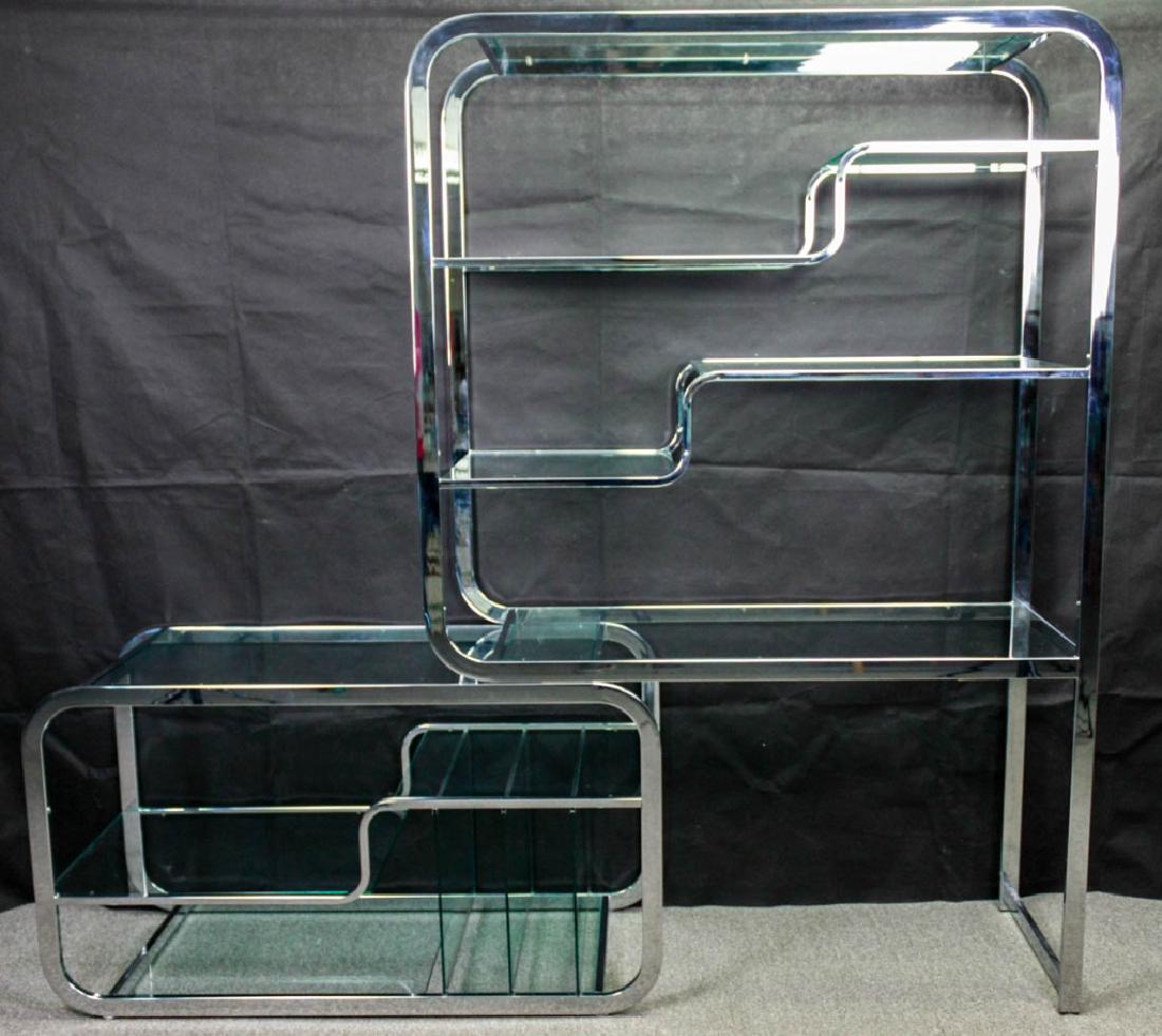 Modern Chrome & Glass Etagere Shelving Unit: 2 pieces for adjustable width. Glass dividers for records, books or magazines. Larger piece (or both put together), 71.75h x 48w x 18d inches. Smaller piece, 26h x 46.5w x 18d inches. #MidCentury #Mid