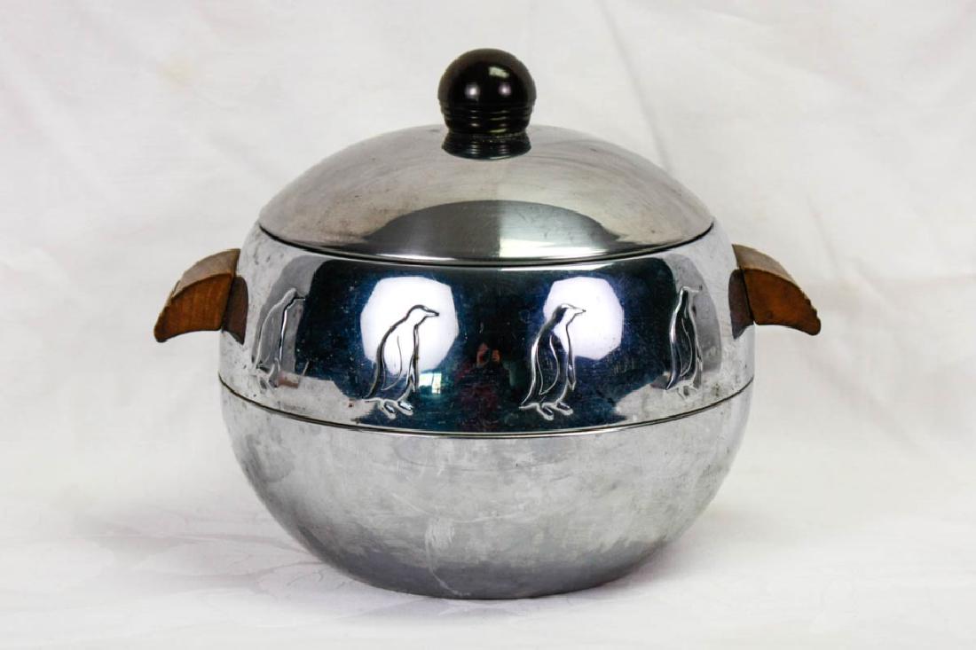 West Bend Penguin Hot & Cold Server Bucket: Marked, A product of West Bend Aluminum Co., West Bend, Wis. USA. 8h x 10.75w inches. #WestBend #Penguins #VintageBar #MidCentury