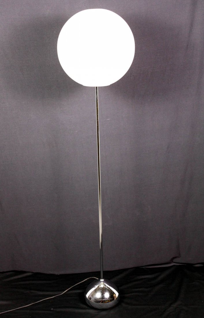 Modern Sonneman Chrome Globe Floor Lamp: Labeled Sonneman. Circa 1970s. 57h inches. Minor pitting to base. 3 minor dent to base. Minor marks on globe. Working condition with 3 way light. #ModernFurniture #MidCenturyModern #GlobeLamp #FloorLa