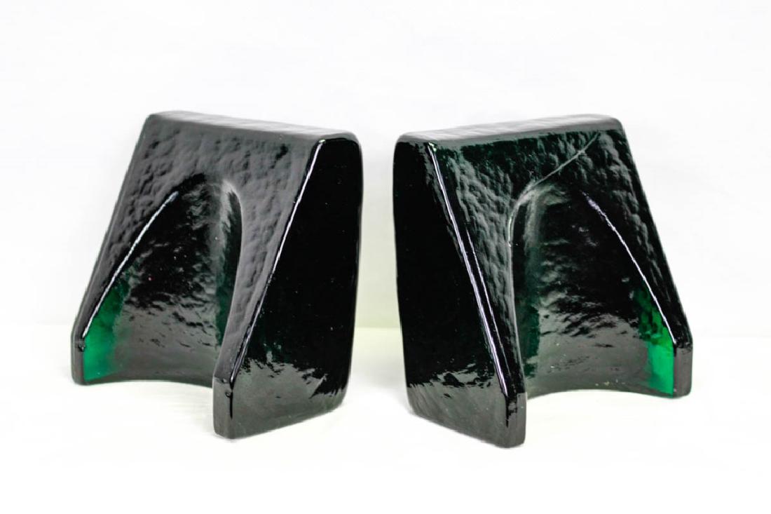 Blenko Mid-Century Green Glass Bookends: Possibly Wayne Husted for Blenko. Unmarked. Dark green glass. 5h x 5w x 3d inches. #Blenko #MidCentury