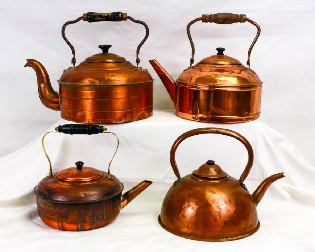 Vintage Copper Tea Kettles (4): Including (2) wood handled copper tea kettles, unmarked (11h x 14w inches & 10.75h x 12.5w inches); brass & wood handled copper kettle, unmarked (9h x 11w inches); Leeds Metal Spinning Victory Ware co