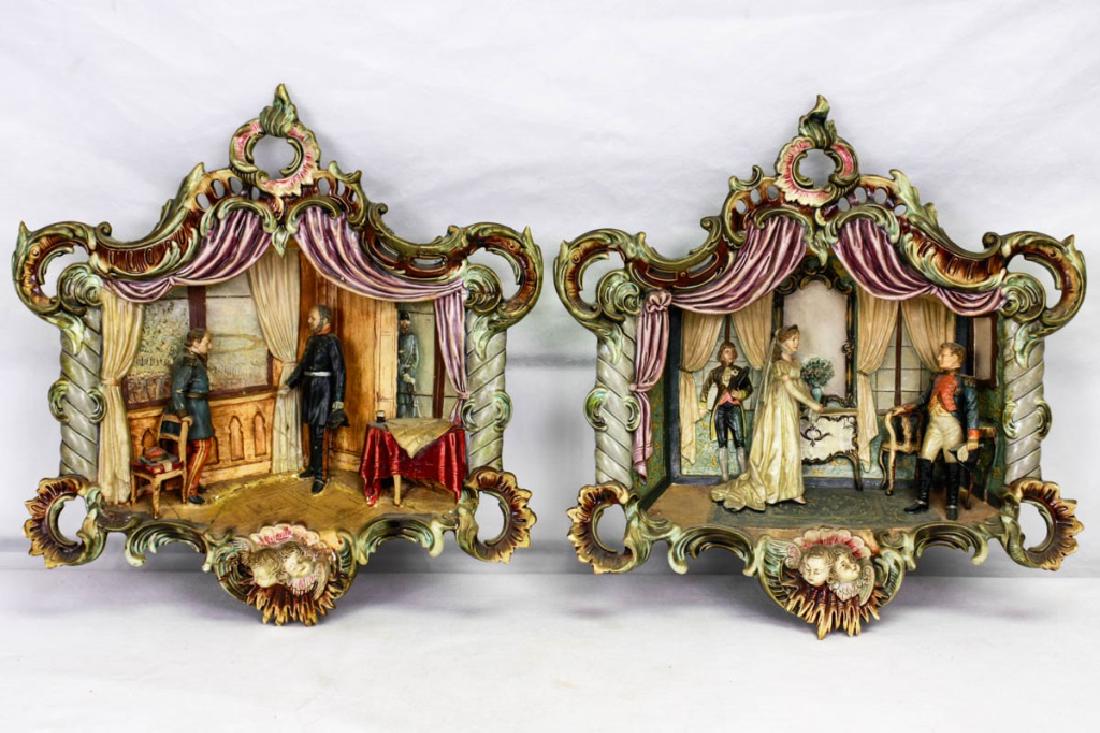 Ceramic 3D Royal Wedding Scenes: Ceramic 3 dimensional pre-wedding scenes. Marked with crest and 1679. 15.5h x 15w inches. Major repairs to groom scene. Minor repairs to bride scene. #VintageCeramic