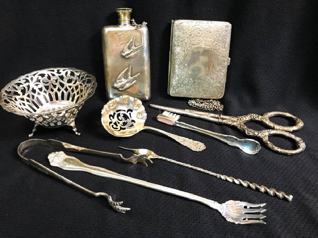 Silver Plated & Sterling Silver Items: 9 pieces total including, reticulated bowl, flask, case, scissors, toothbrush, reticulated spoon, tongs, fork and poker. #SilverPlate #SterlingSilver