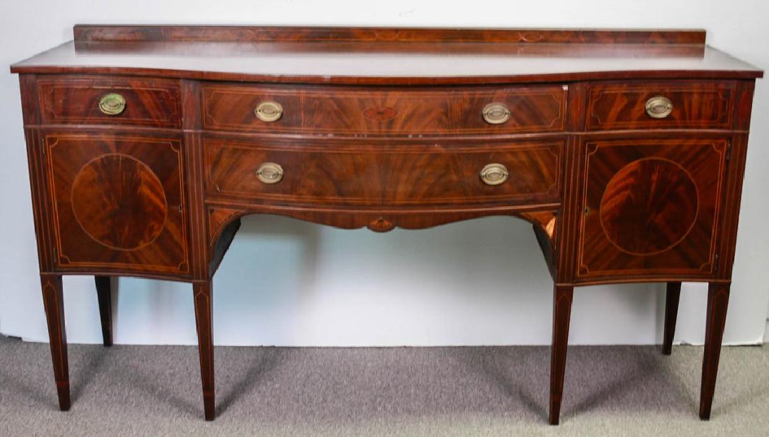 Duncan Phyfe Style Buffet: Veneer and inlaid front. 39.5h x 72w x 23.5d inches. Missing piece of veneer. #DuncanPhyfe #Buffet