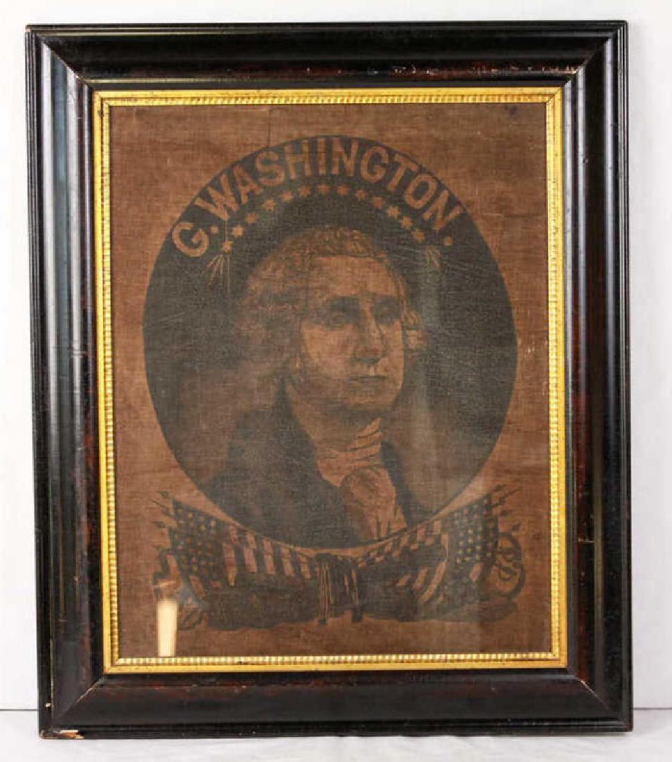 19th C. Geo. Washington on Linen: Originally was in a shadow box which was back-lit by candle light. Reframed. 26.25h x 22w inches. Wear to frame. #GeorgeWashington