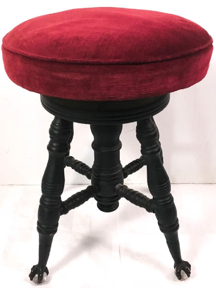 Red Velour Seat Piano Stool: Claw feet with glass balls. 19-24h (adjustable) x 19d inches. Seat 14.5d inches. #PianoStool #ClawFoot