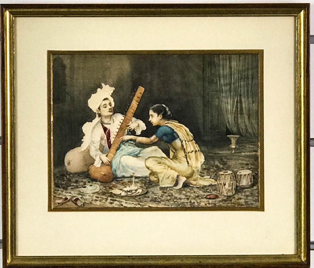 Indian Man Playing Sitar, Watercolor: Illegibly signed lower right. 15.25h x 17.75w inches. Unframed 9h x 12w inches. #VintageArtwork #Watercolor #Sitar #Indian