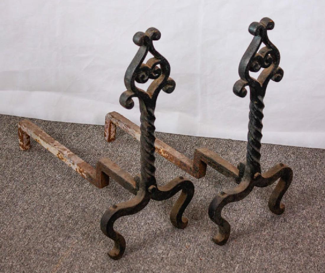Pair of Wrought Iron Andirons: 20h x 9.5w x 20.5d inches. #Andirons #WroughtIron